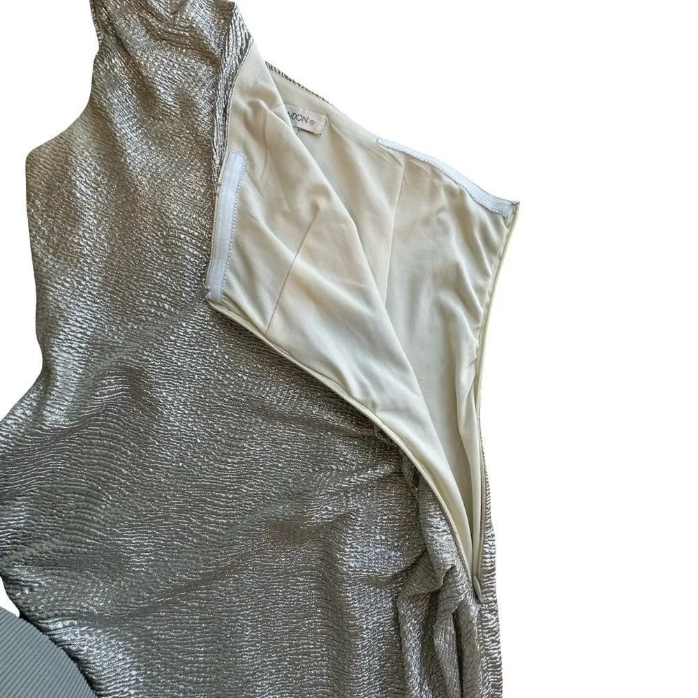 MAGGY LONDON One Shoulder Gold Champagne Shiny Stretch Mini Dress Size 8